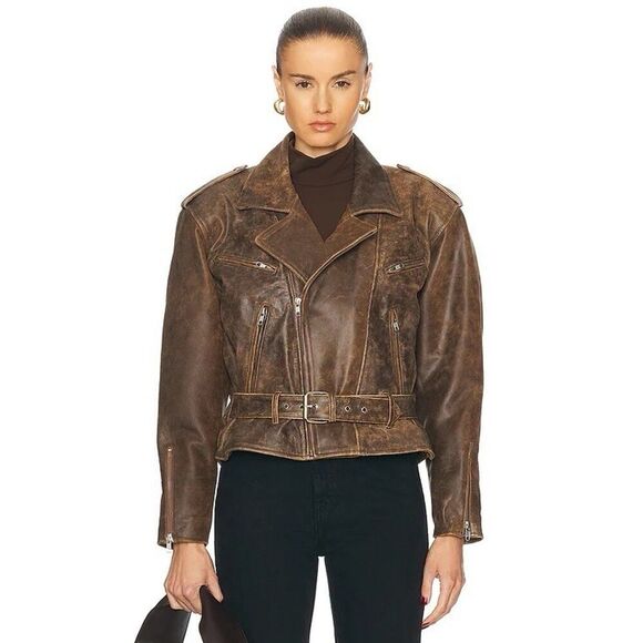 R13 Exaggerated Shoulder Brown Leather Moto Jacket Belted Distressed M - Picture 2 of 16